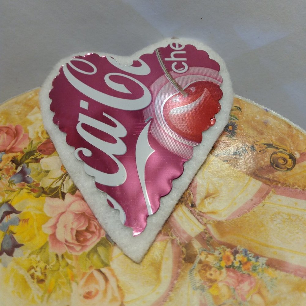 YUMMY PINK CHERRY COKE ARTSY UNIQUE UPCYCLED SODA CAN HEART PIN